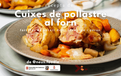 Cuixes de pollastre al forn farcides de pernil dolç, formatge i peres.